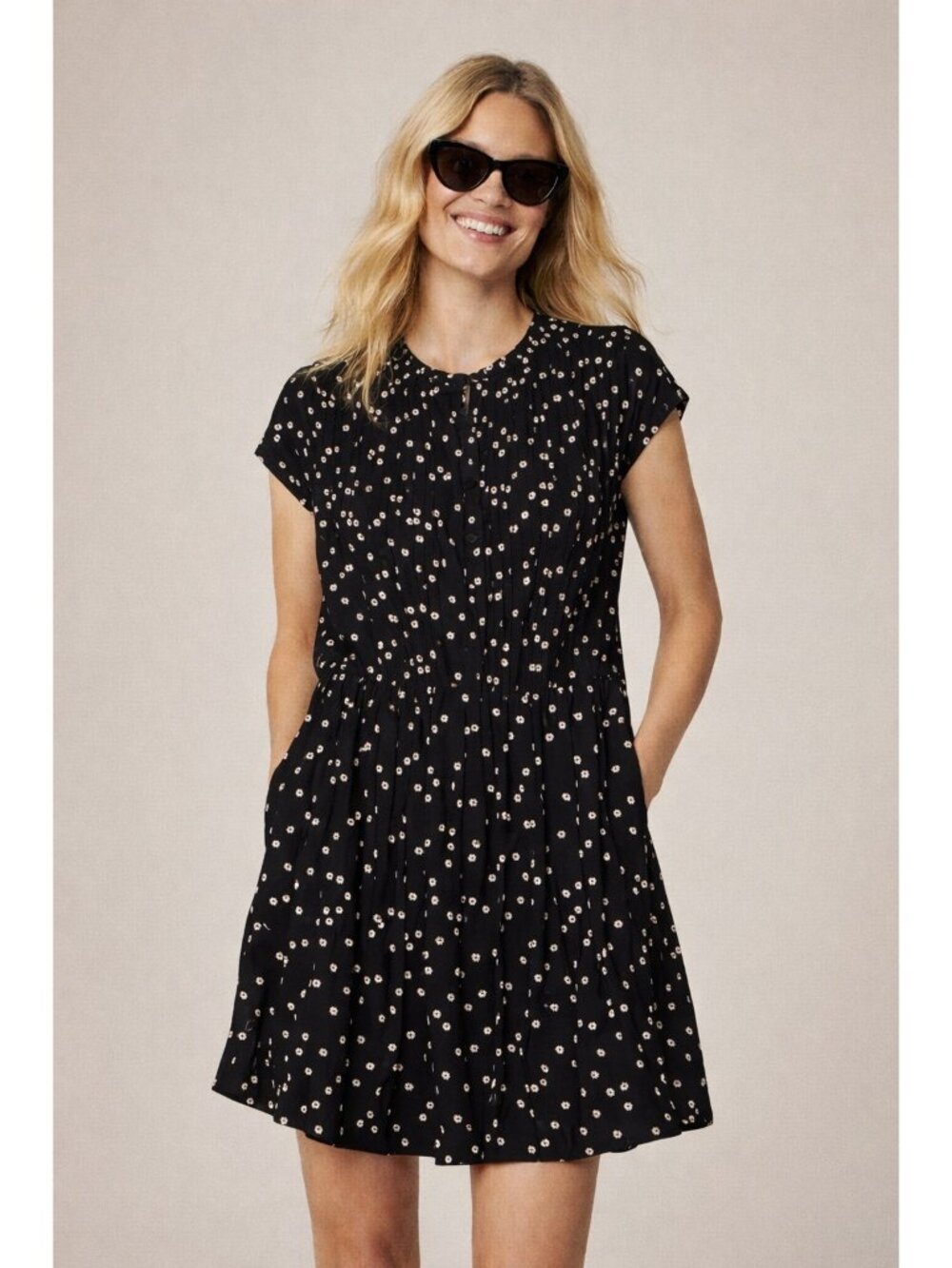 J.Crew Shift Mini Dress Petite Large Black Floral Flowy Pintuck Coastal Bohemian